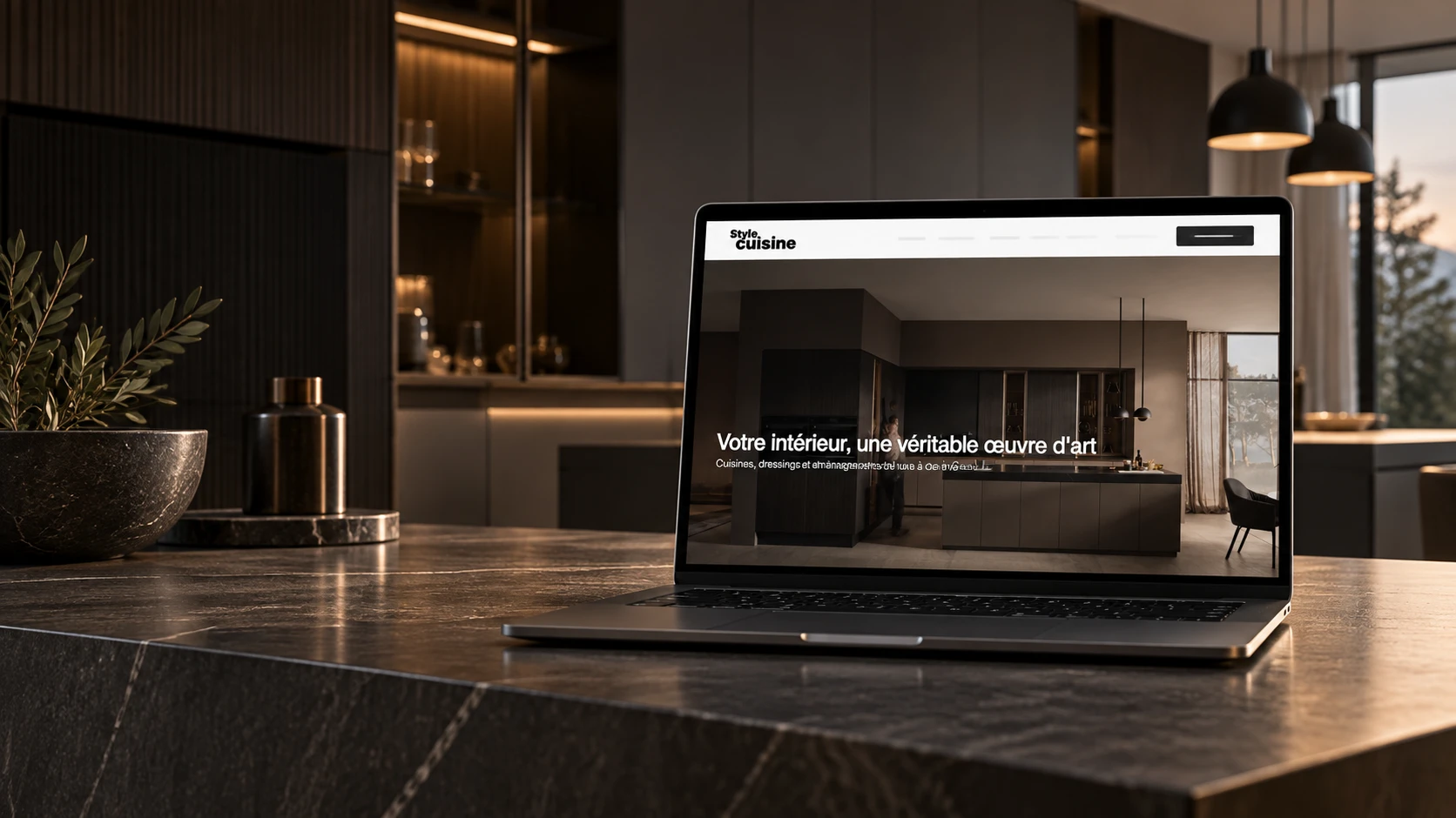 Site internet Style Cuisine présenté dans un intérieur de cuisine contemporaine haut de gamme