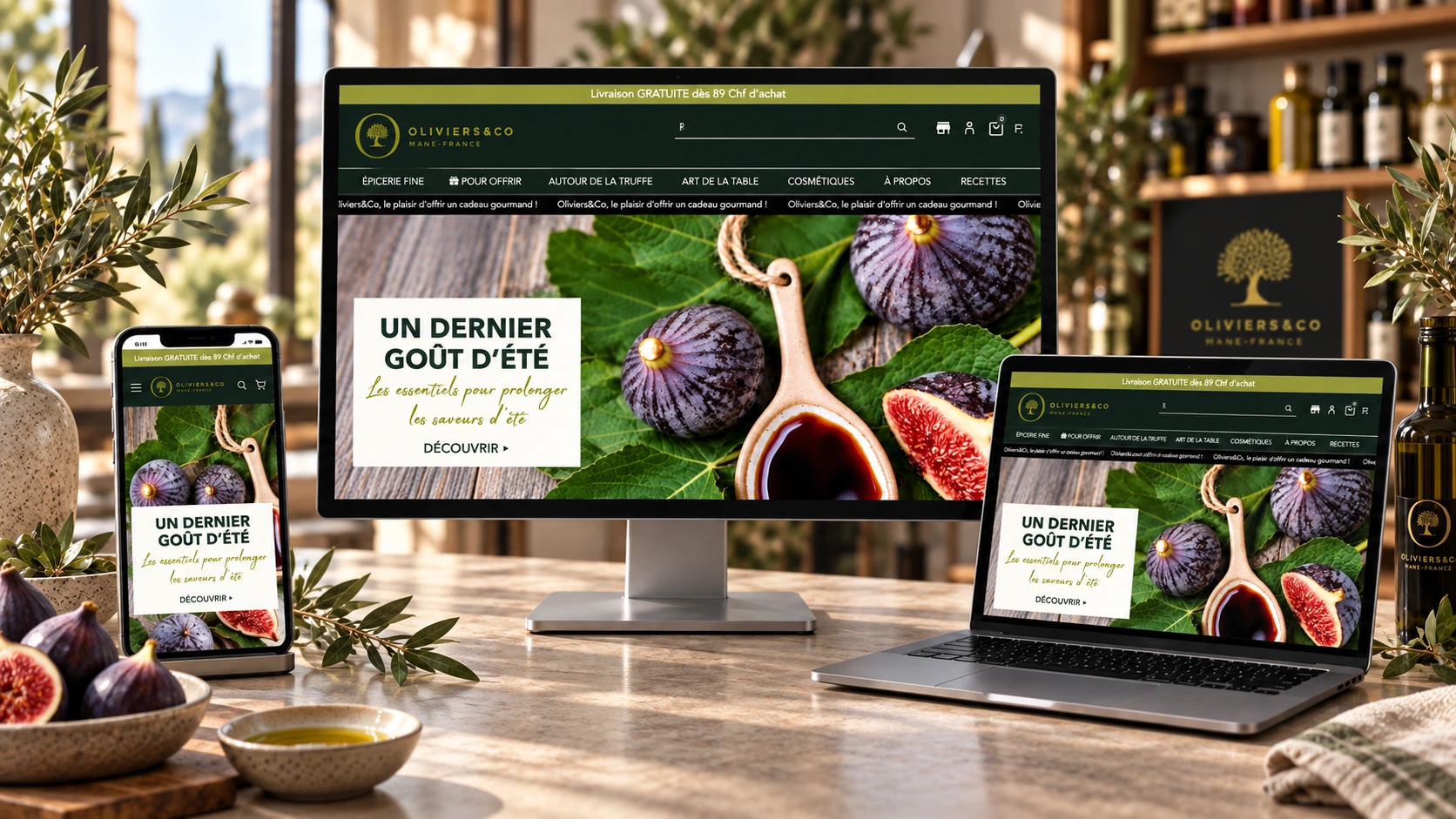 Présentation responsive du site Oliviers & Co sur ordinateur, portable et smartphone