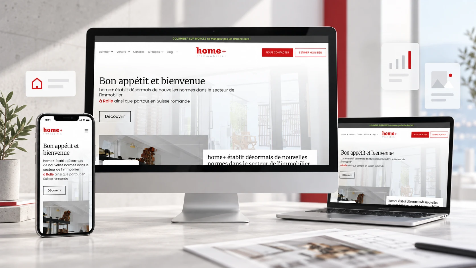 Présentation du site internet Home Plus sur ordinateur, ordinateur portable et smartphone après sa migration vers WordPress.
