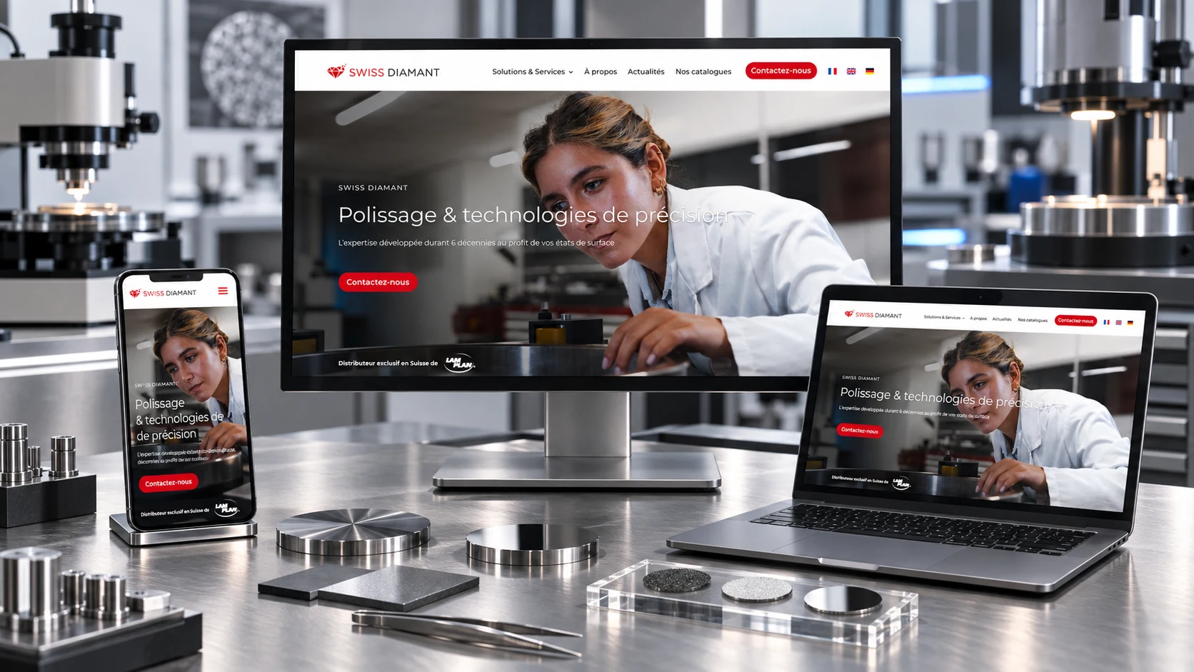 Présentation du site internet Swiss Diamant sur ordinateur, ordinateur portable et smartphone dans un environnement industriel de précision.