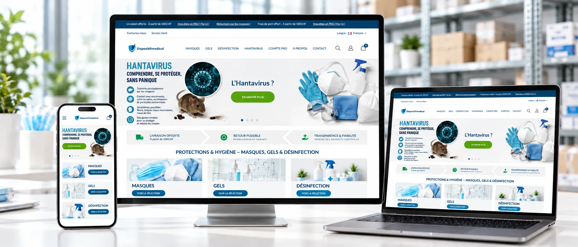 E-commerce de Dispositif Médical présenté sur ordinateur, portable et smartphone