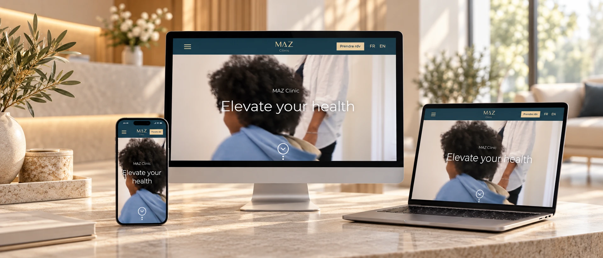 Site de Maz Clinic présenté sur ordinateur, portable et smartphone