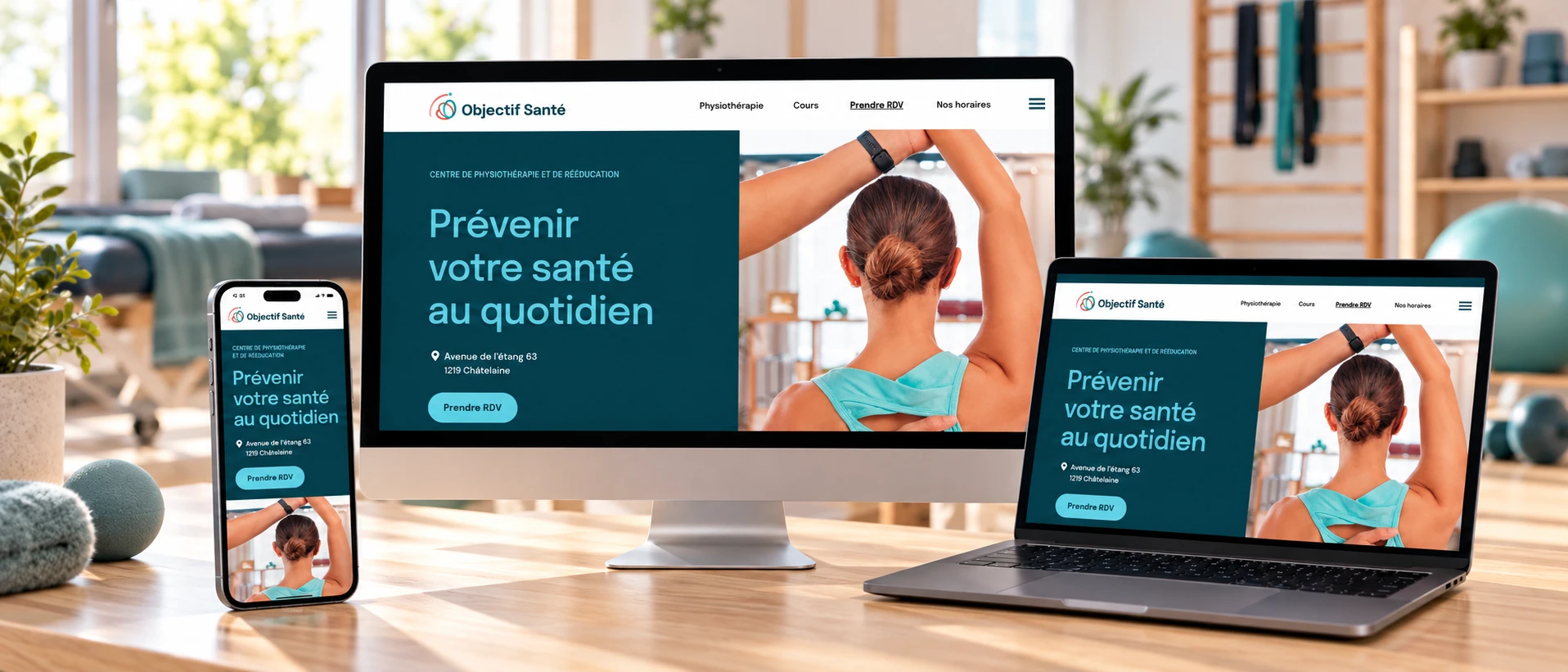 Site Objectif Santé présenté sur ordinateur, portable et smartphone