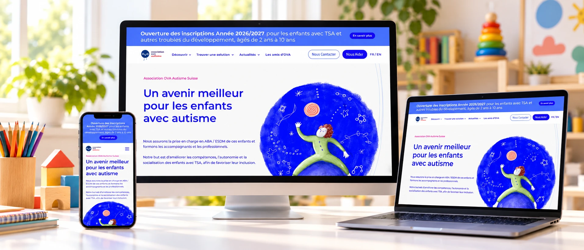 Site d’OVA Autisme Suisse présenté sur ordinateur, portable et smartphone