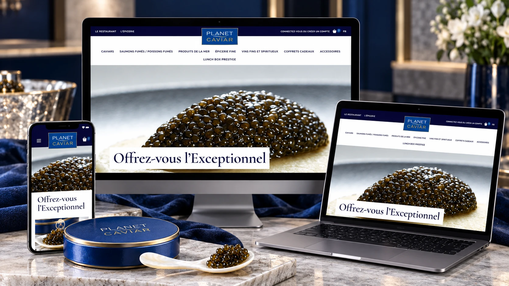 Boutique en ligne Planet Caviar présentée sur ordinateur, portable et smartphone