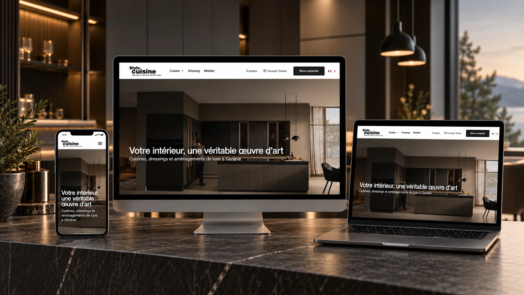 Site internet de Style Cuisine présenté sur ordinateur, portable et smartphone
